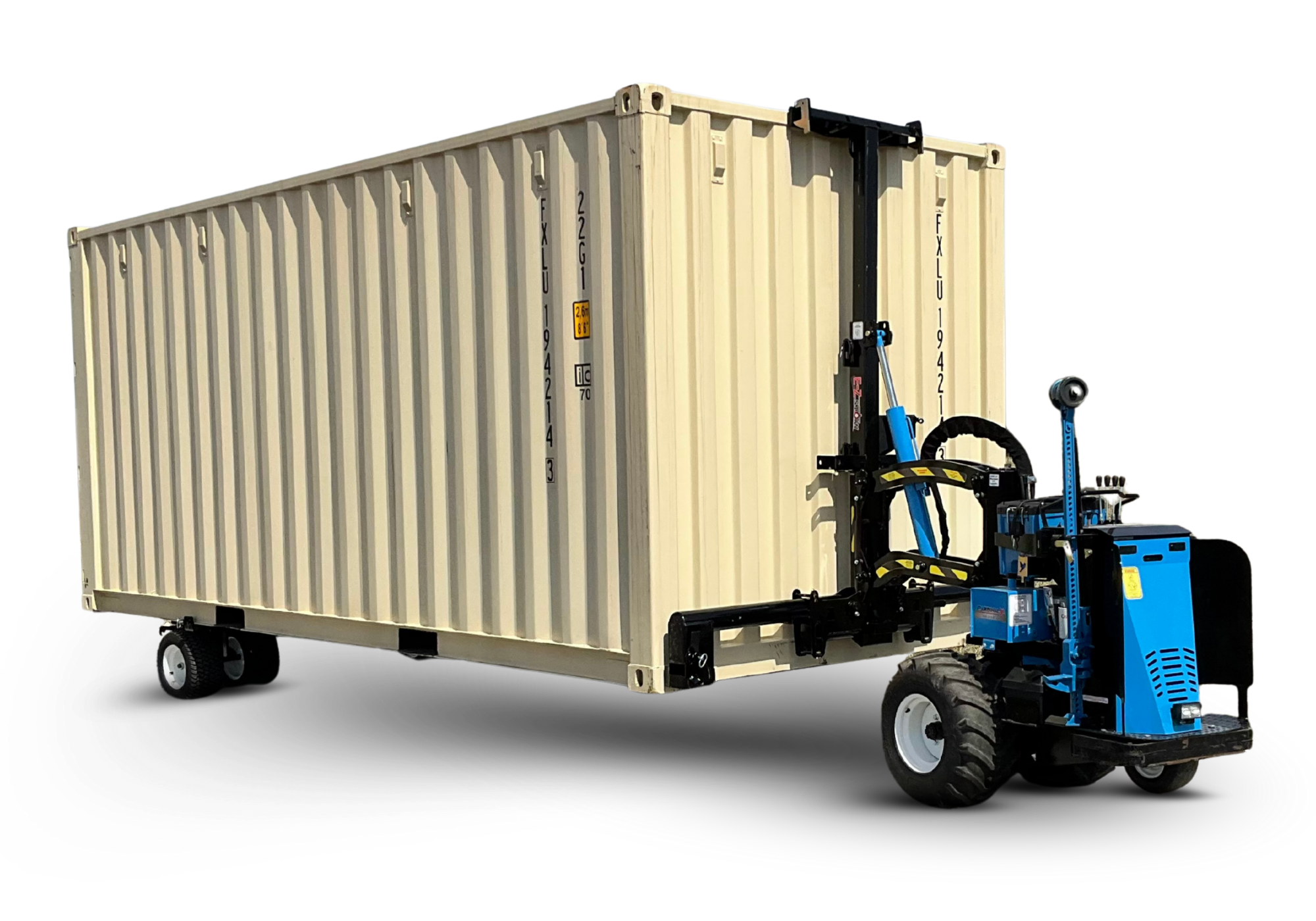 Mule forklift performing shipping container delivery