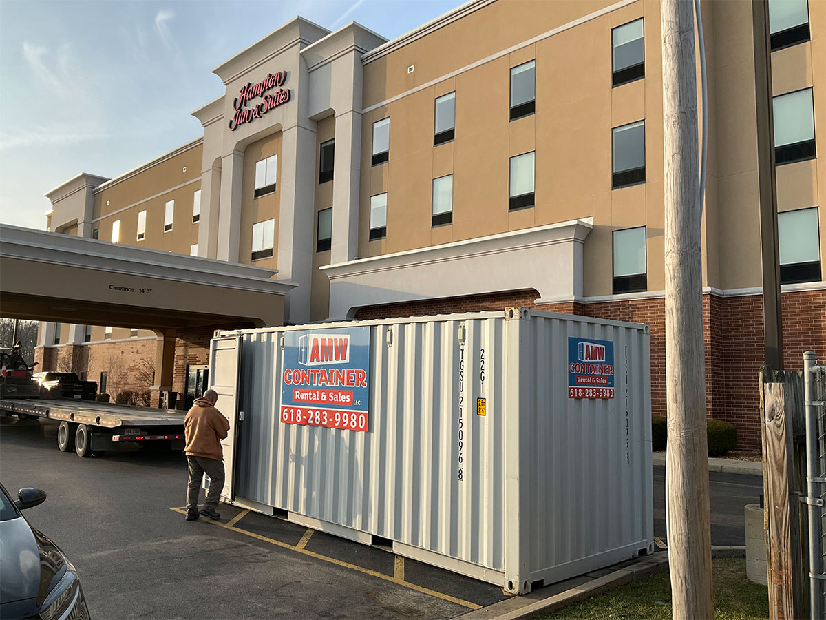 Storage container rental delivered to a hotel property for commercial onsite storage and extra space