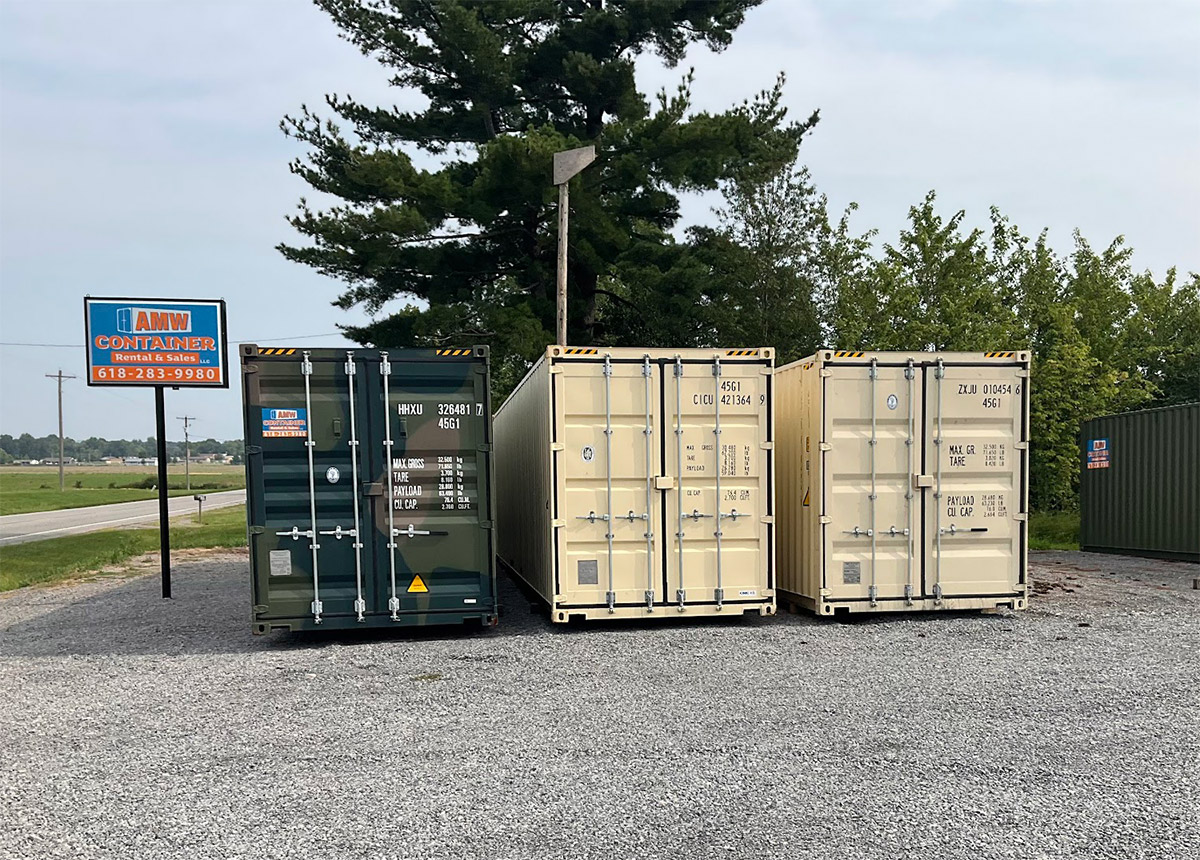 Shipping containers in several colors, shipping container grades and conditions available at an AMW Container location in Illinois.