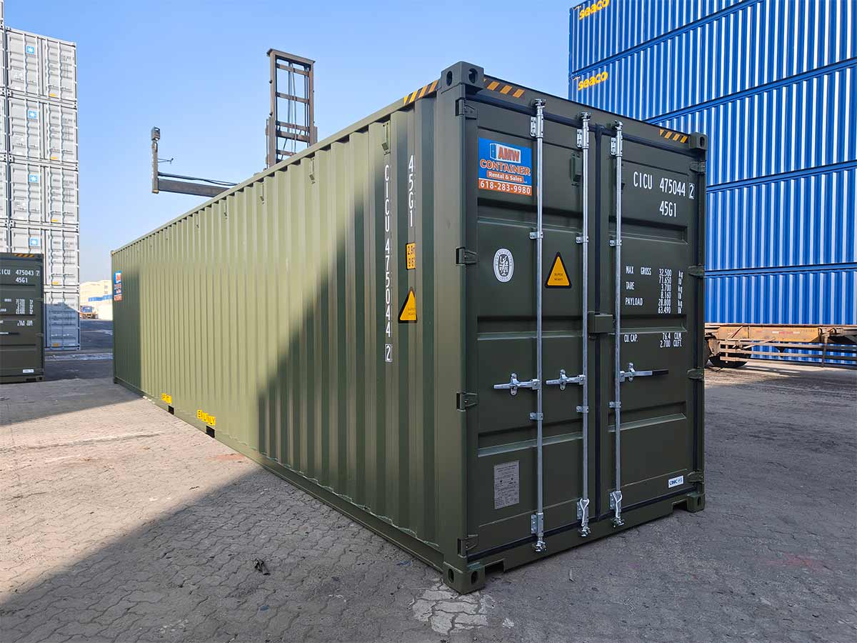 Green 40 foot high cube shipping container offering a long-term storage solution for business inventory and equipment.